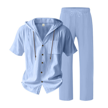 BundleWear™ Breeze-Hood Linen Set | Drawstring Hooded Shirt & Elastic-Waist Trousers