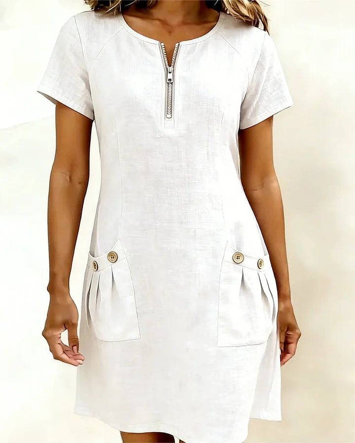 Zipper Pocket Cotton Linen Dress - MATCHING MASTER
