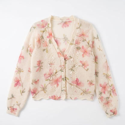 French Floral Mohair-Blend Cardigan — V-Neck Pointelle Knit, One Size