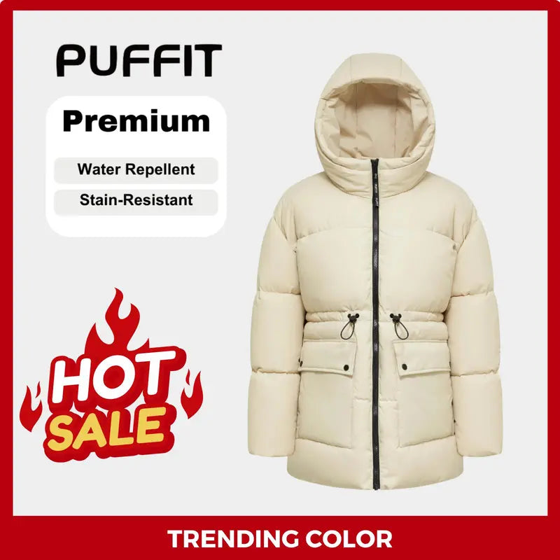 Ladies' Mid Length Puffer Jacket Hood