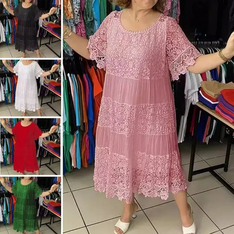 🔥49% OFF🔥 Solid Color Short Sleeve Lace Dress - MATCHING MASTER
