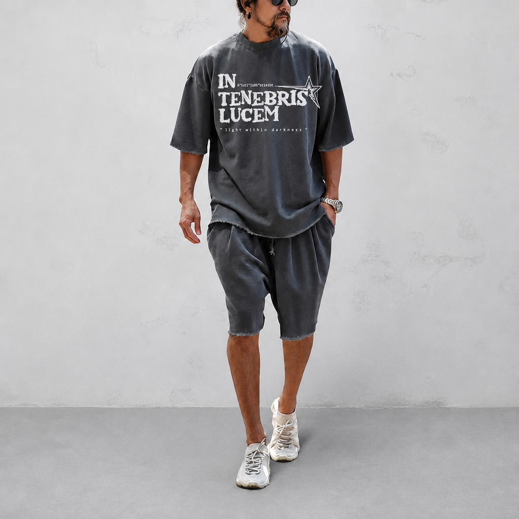 "IN TENEBRIS LUCEM" Couple 100% Cotton Casual Loose Fit Sports Set - Breathable Moisture-Wicking 2-Piece Tracksuit