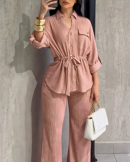 Elegant Textured Button-Front Shirt & High-Waist Wide-Leg Trousers Set - Minimalist Commuter Look - BundleWear