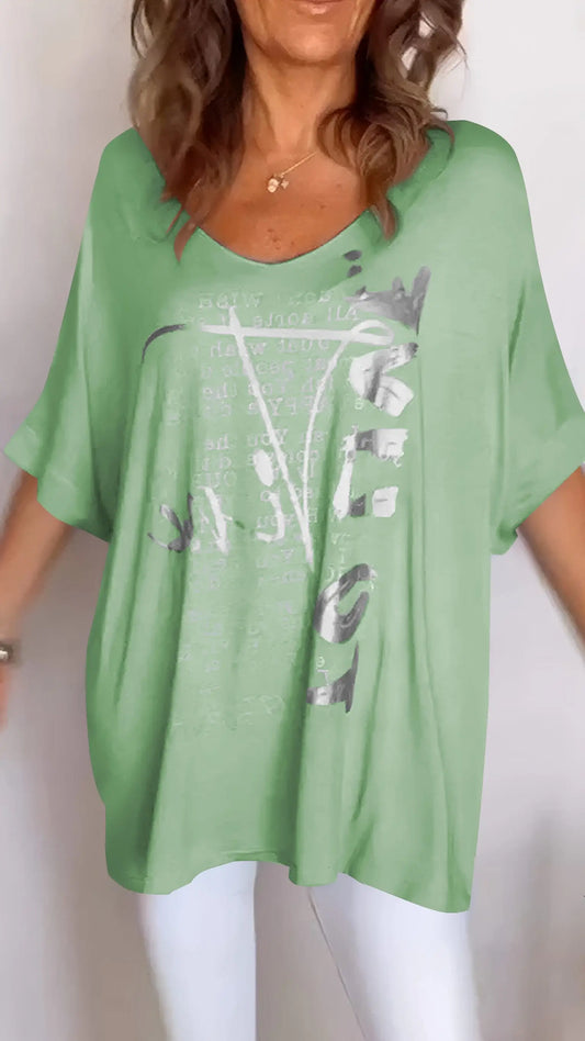 BundleWear Elegant Summer Floral V-Neck Top - Breathable Cotton-Blend Mid-Sleeve Casual Tee (S-5XL)