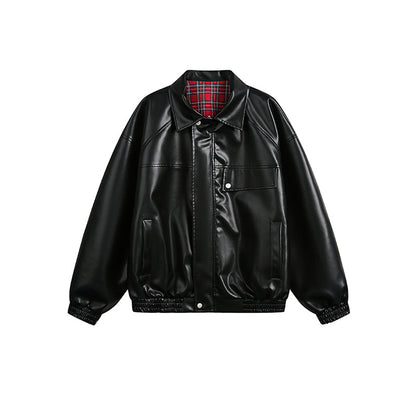 Genuine leather jacket with plaid lining, reversible lapel leather jacket