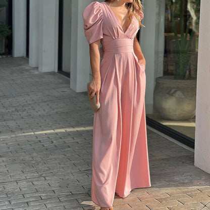 Women's Puff Sleeve Plunge Wide Leg Jumpsuit