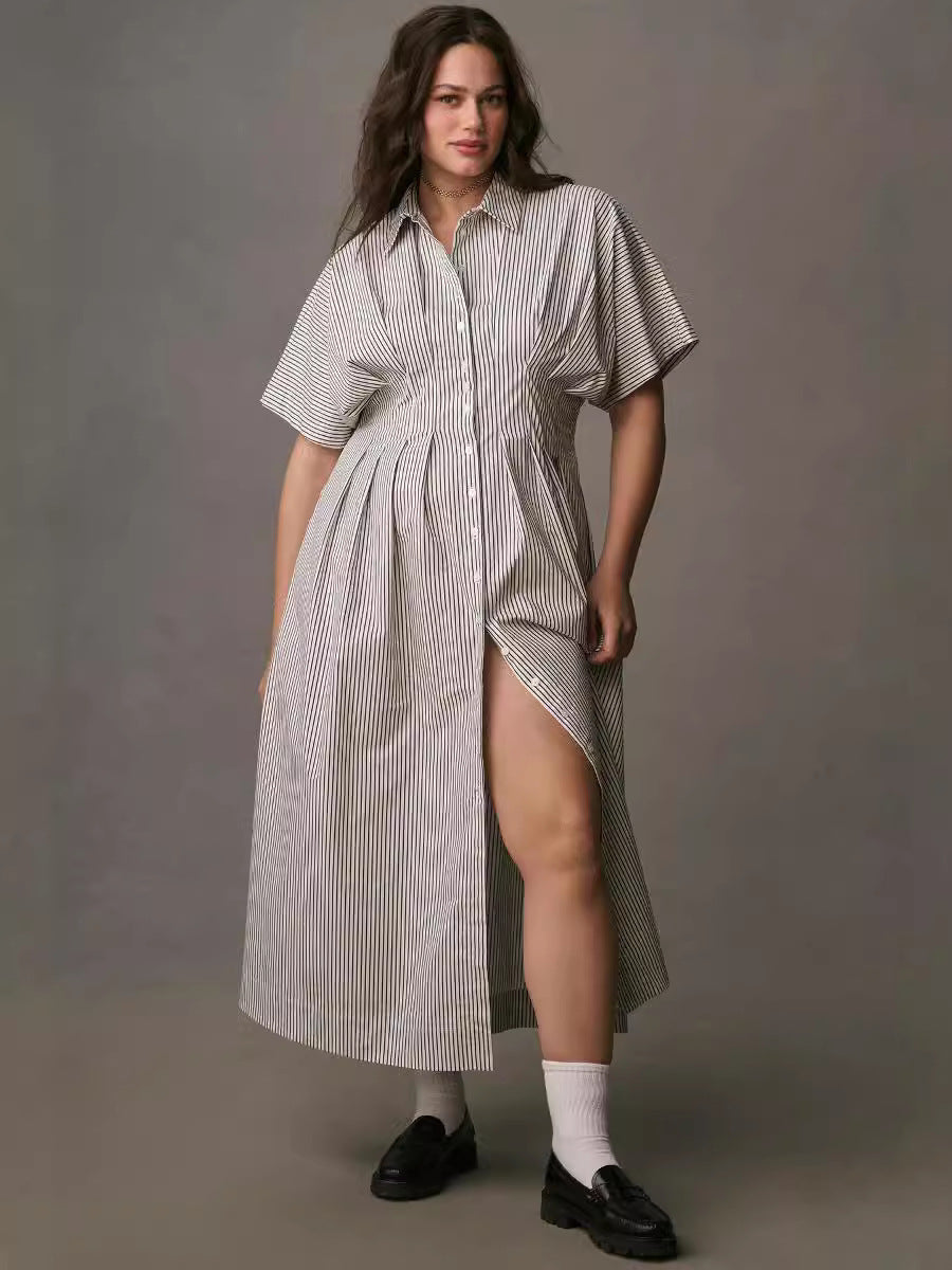 Women's Button-Down Shirt Dress - Short-Sleeve, Loose, Pleated Maxi Sundress with Pockets, Basic Casual Wear for Summer