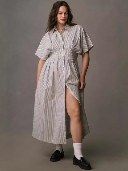 Women's Button-Down Shirt Dress - Short-Sleeve, Loose, Pleated Maxi Sundress with Pockets, Basic Casual Wear for Summer