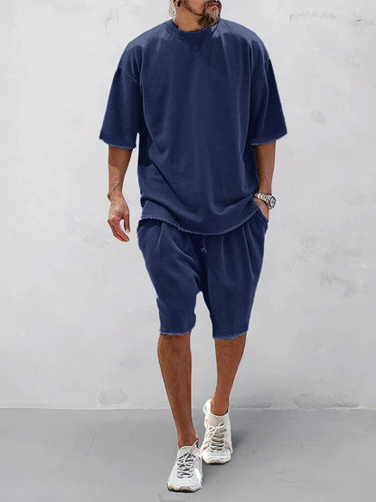 Men's 100% Cotton Casual Loose Fit Sports Set - Breathable Moisture-Wicking 2-Piece Tracksuit