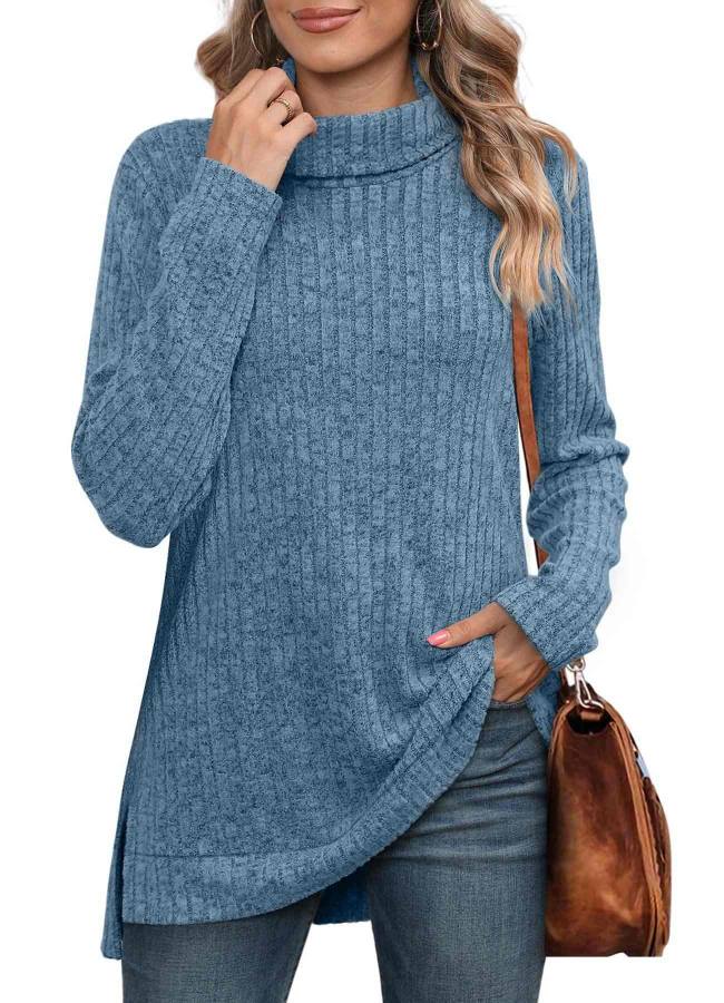 High-neck scarf, side slit, solid color long-sleeved T-shirt