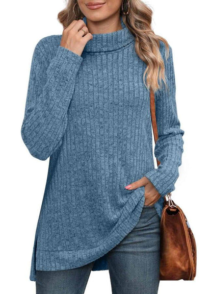 High-neck scarf, side slit, solid color long-sleeved T-shirt