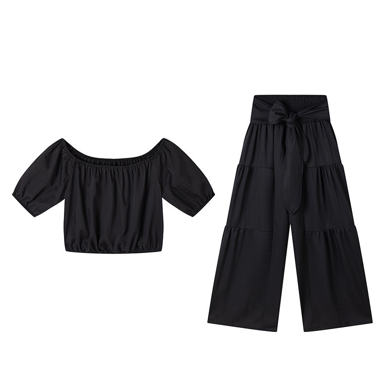 BundleWear™ Bohemian Breeze Set | Off-Shoulder Puff Sleeve Crop & Tiered Wide-Leg Pants