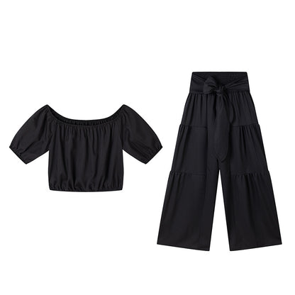 BundleWear™ Bohemian Breeze Set | Off-Shoulder Puff Sleeve Crop & Tiered Wide-Leg Pants
