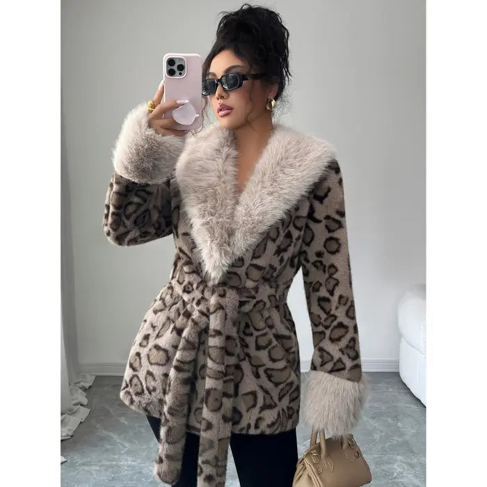 Ladies' winter lace up leopard print faux fur coat