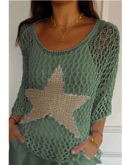 ⌛💥Ladies' Fashion Round Neck Crochet Knit Fishnet Top - MATCHING MASTER