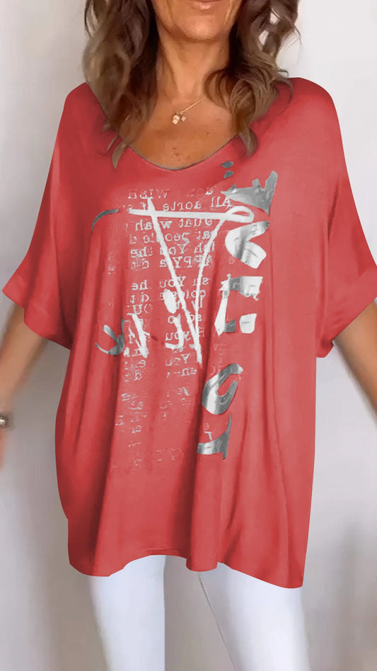 BundleWear Elegant Summer Floral V-Neck Top - Breathable Cotton-Blend Mid-Sleeve Casual Tee (S-5XL)