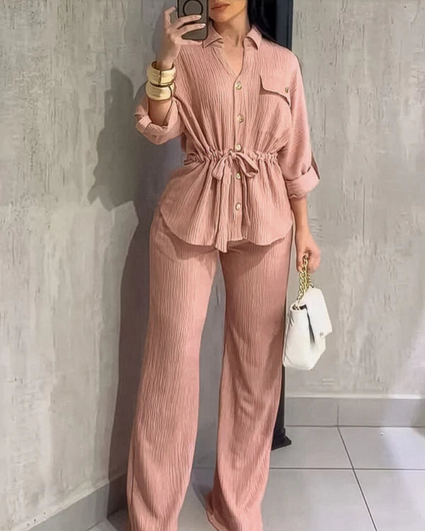 Elegant Textured Button-Front Shirt & High-Waist Wide-Leg Trousers Set - Minimalist Commuter Look - BundleWear