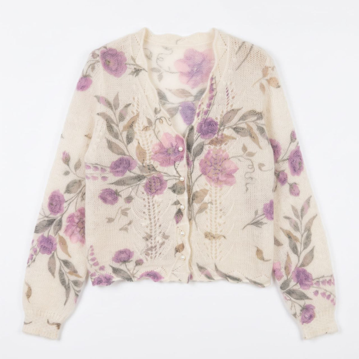 French Floral Mohair-Blend Cardigan — V-Neck Pointelle Knit, One Size