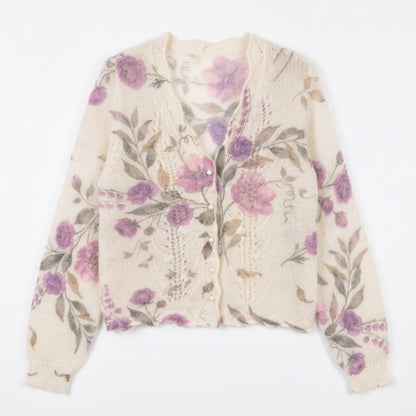 French Floral Mohair-Blend Cardigan — V-Neck Pointelle Knit, One Size