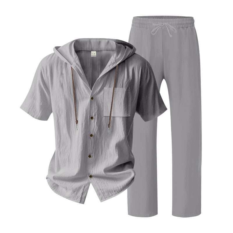 BundleWear™ Breeze-Hood Linen Set | Drawstring Hooded Shirt & Elastic-Waist Trousers
