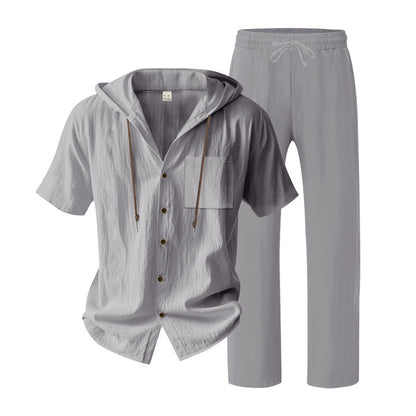BundleWear™ Breeze-Hood Linen Set | Drawstring Hooded Shirt & Elastic-Waist Trousers