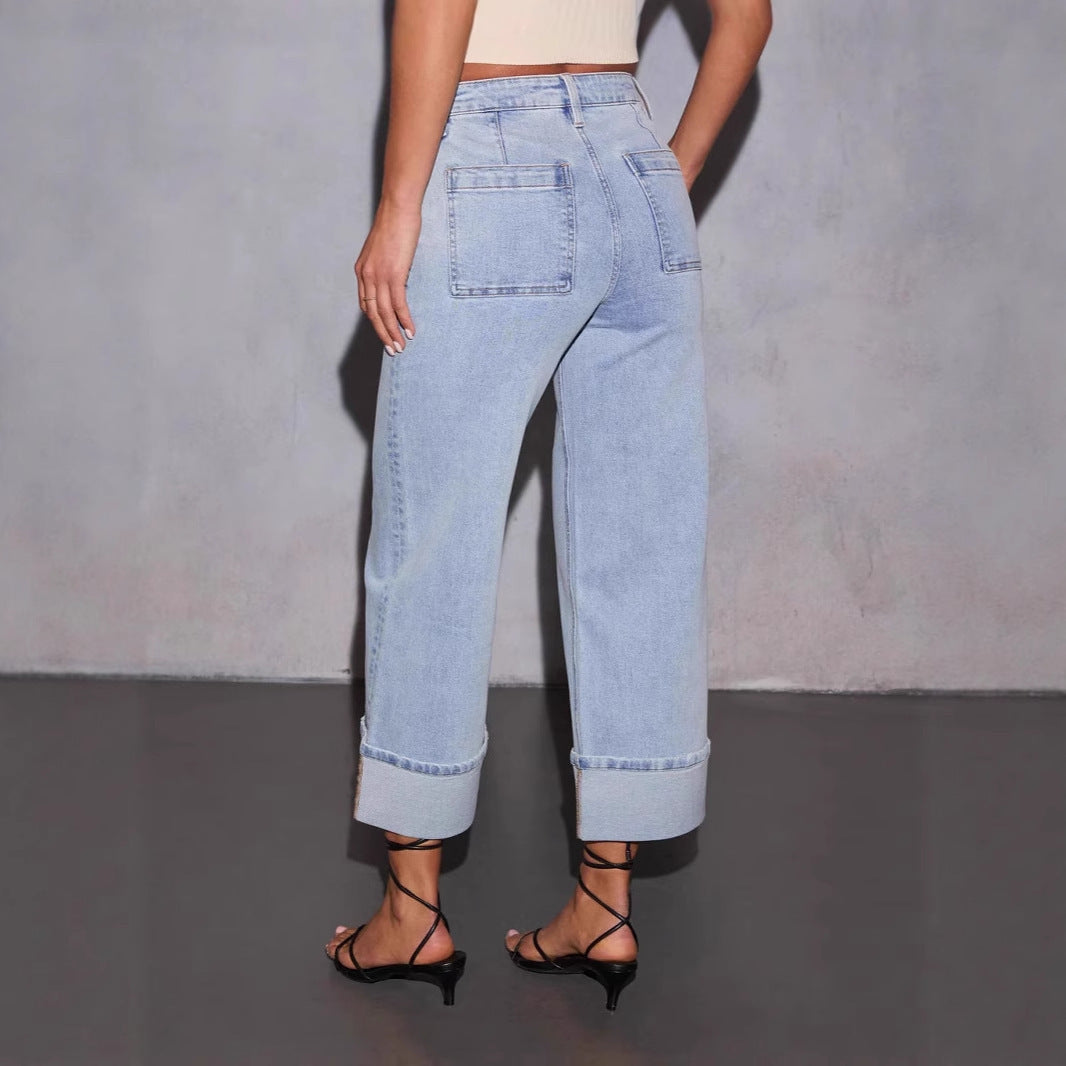 Two-Piece Contrast Knit Top & Denim Set - Sleeveless Button-Down Ribbed Vest with Wide-Leg High-Rise Jeans - BundleWear