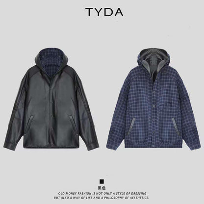Genuine leather jacket with plaid lining, reversible lapel leather jacket