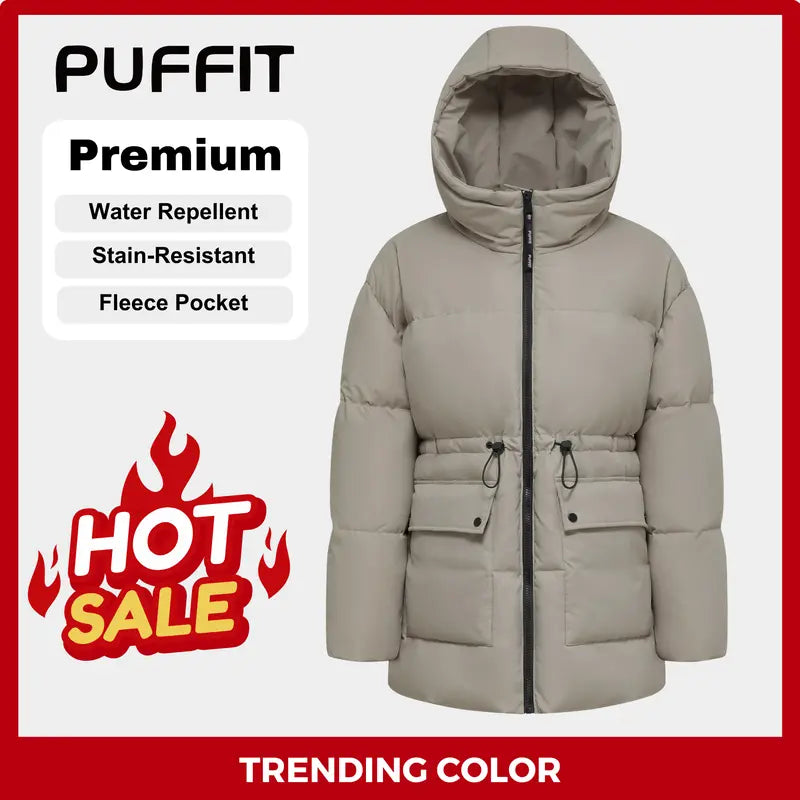 Ladies' Mid Length Puffer Jacket Hood