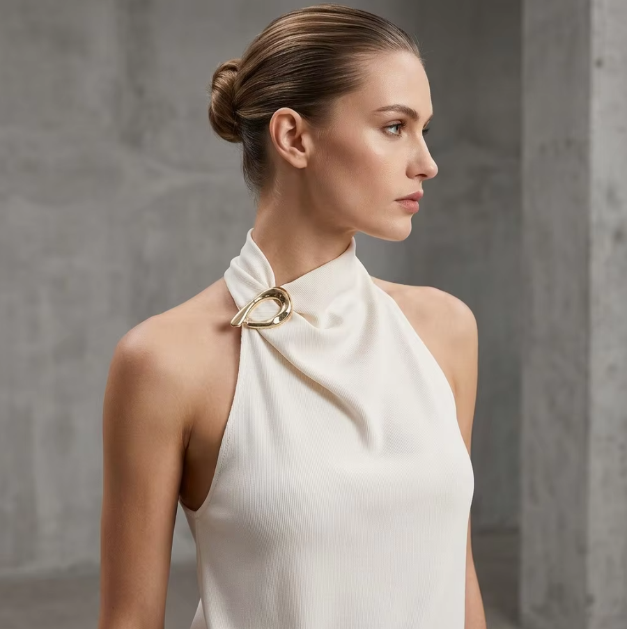 BundleWear™ Gilded Halter Top | Asymmetric Buckle & Draped Mock-Neck Tank