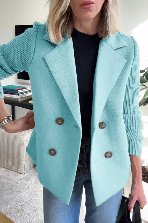 Ladies' Lapel Button Knitted Patchwork Sleeve Casual Coat