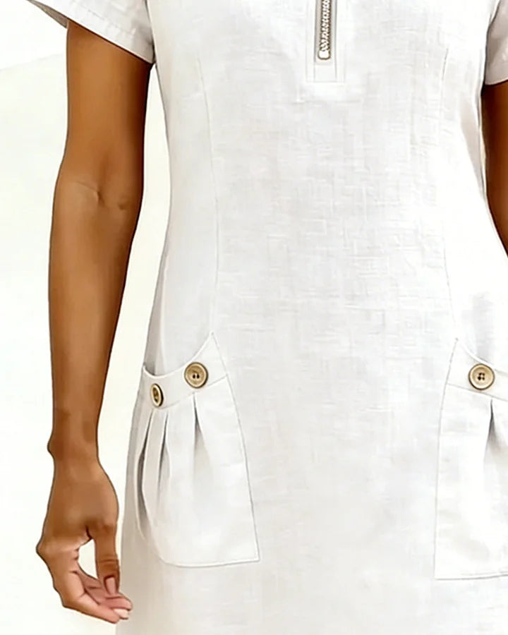 Zipper Pocket Cotton Linen Dress - MATCHING MASTER