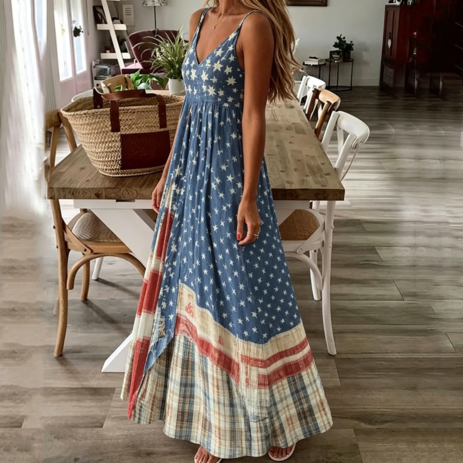 Women's Vintage Independence Day Flag Check Dress - BundleWear
