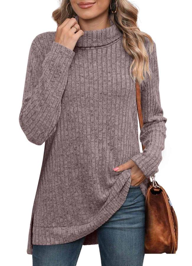 High-neck scarf, side slit, solid color long-sleeved T-shirt