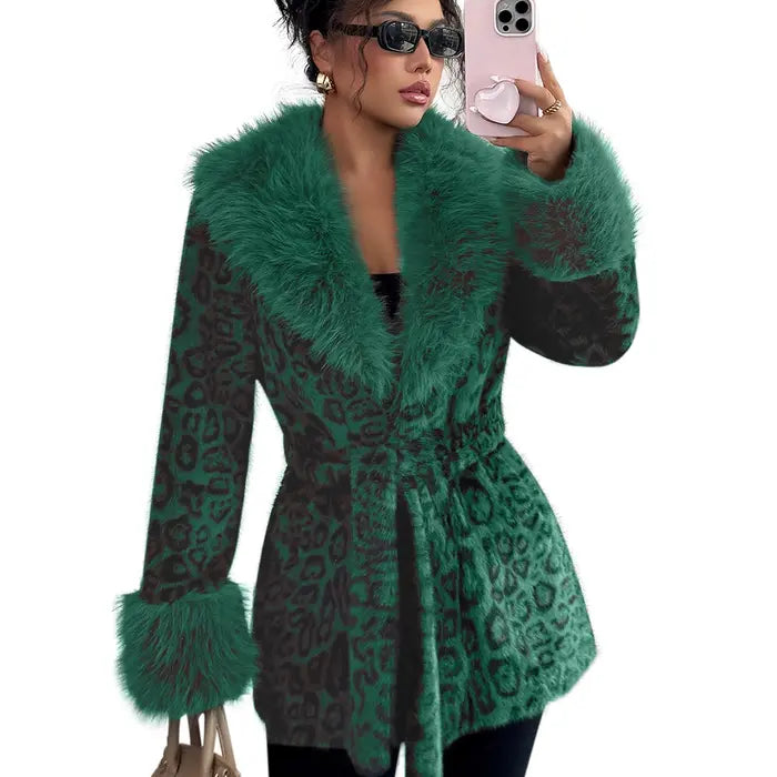 Ladies' winter lace up leopard print faux fur coat