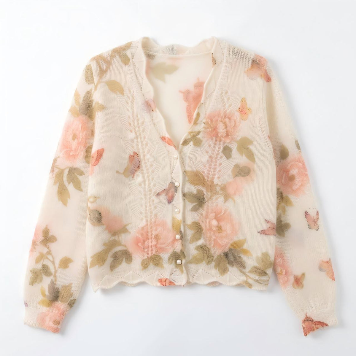 French Floral Mohair-Blend Cardigan — V-Neck Pointelle Knit, One Size