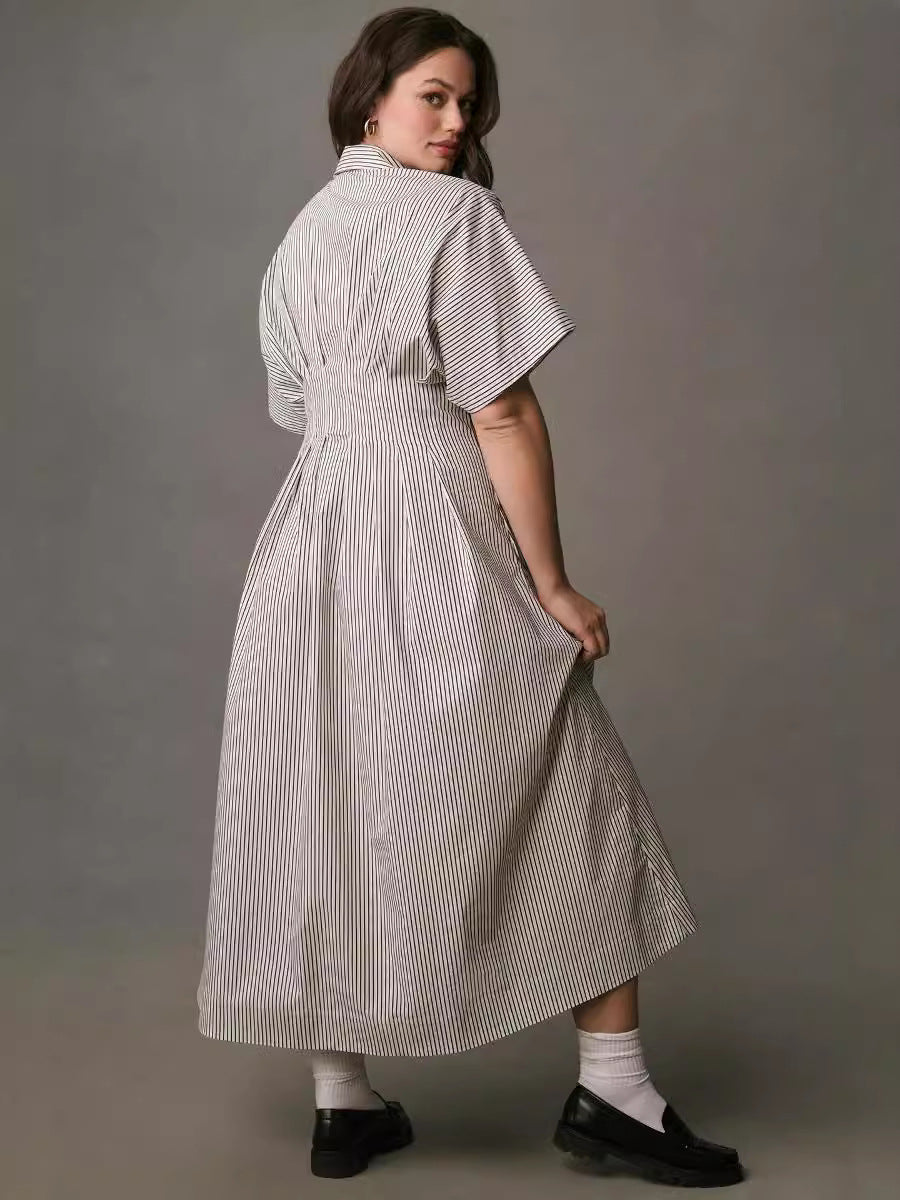 Women's Button-Down Shirt Dress - Short-Sleeve, Loose, Pleated Maxi Sundress with Pockets, Basic Casual Wear for Summer