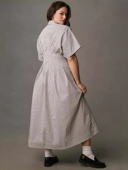 Women's Button-Down Shirt Dress - Short-Sleeve, Loose, Pleated Maxi Sundress with Pockets, Basic Casual Wear for Summer