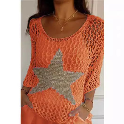 ⌛💥Ladies' Fashion Round Neck Crochet Knit Fishnet Top - MATCHING MASTER