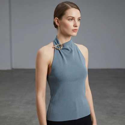 BundleWear™ Gilded Halter Top | Asymmetric Buckle & Draped Mock-Neck Tank