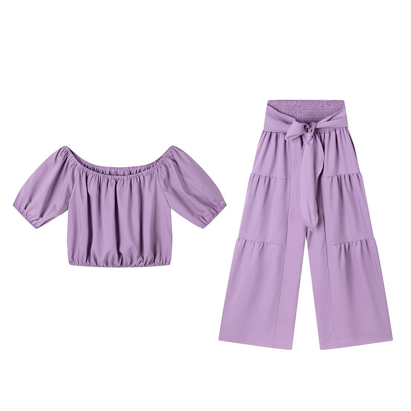 BundleWear™ Bohemian Breeze Set | Off-Shoulder Puff Sleeve Crop & Tiered Wide-Leg Pants