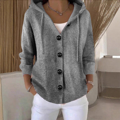 Button-down knit hooded sweater cardigan