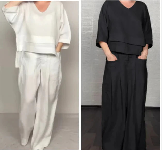💎 2-Piece Cotton-Linen Set With An Uneven Hem – V-Neck Top + Wide-Leg Pants, Breathable & Effortlessly Stylish