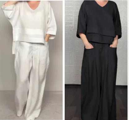 💎 2-Piece Cotton-Linen Set With An Uneven Hem – V-Neck Top + Wide-Leg Pants, Breathable & Effortlessly Stylish