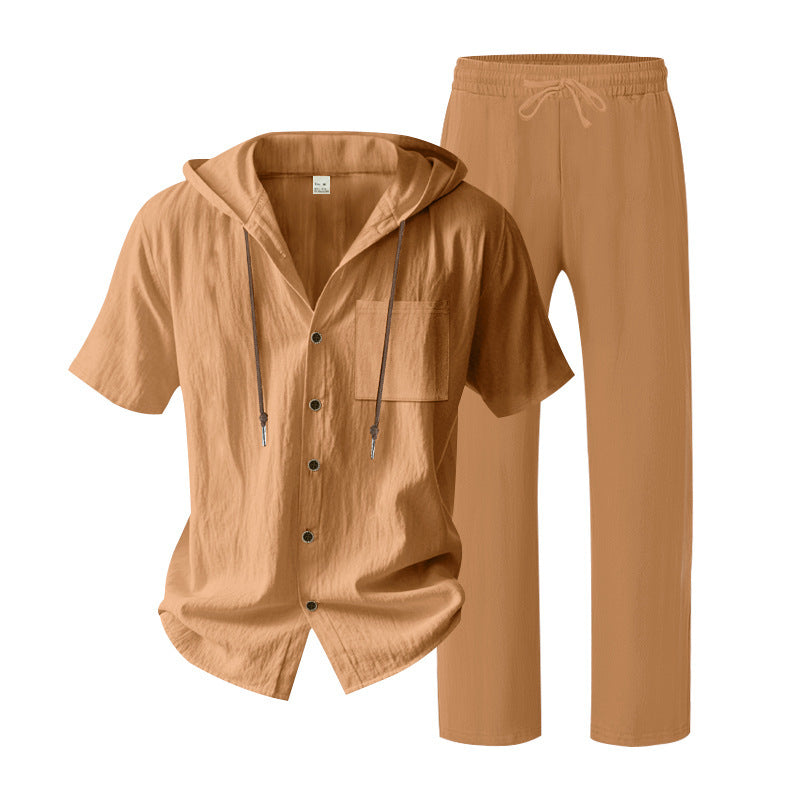 BundleWear™ Breeze-Hood Linen Set | Drawstring Hooded Shirt & Elastic-Waist Trousers