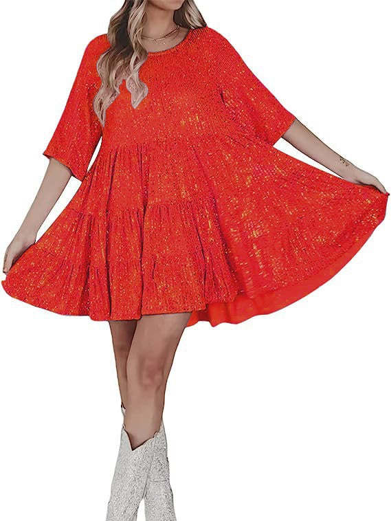 Summer High-end Women's Sequin Round Neck Loose French Dress Fairy Skirt