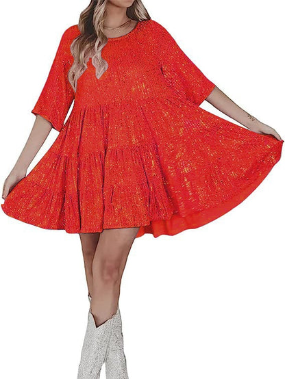 Summer High-end Women's Sequin Round Neck Loose French Dress Fairy Skirt