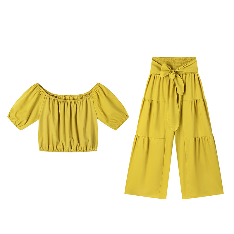 BundleWear™ Bohemian Breeze Set | Off-Shoulder Puff Sleeve Crop & Tiered Wide-Leg Pants