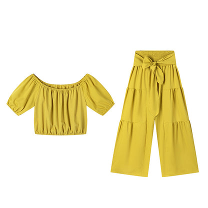 BundleWear™ Bohemian Breeze Set | Off-Shoulder Puff Sleeve Crop & Tiered Wide-Leg Pants