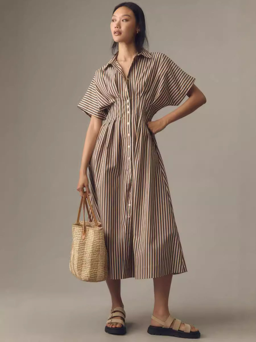 Women's Button-Down Shirt Dress - Short-Sleeve, Loose, Pleated Maxi Sundress with Pockets, Basic Casual Wear for Summer