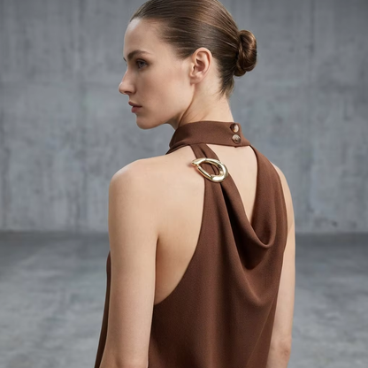 BundleWear™ Gilded Halter Top | Asymmetric Buckle & Draped Mock-Neck Tank